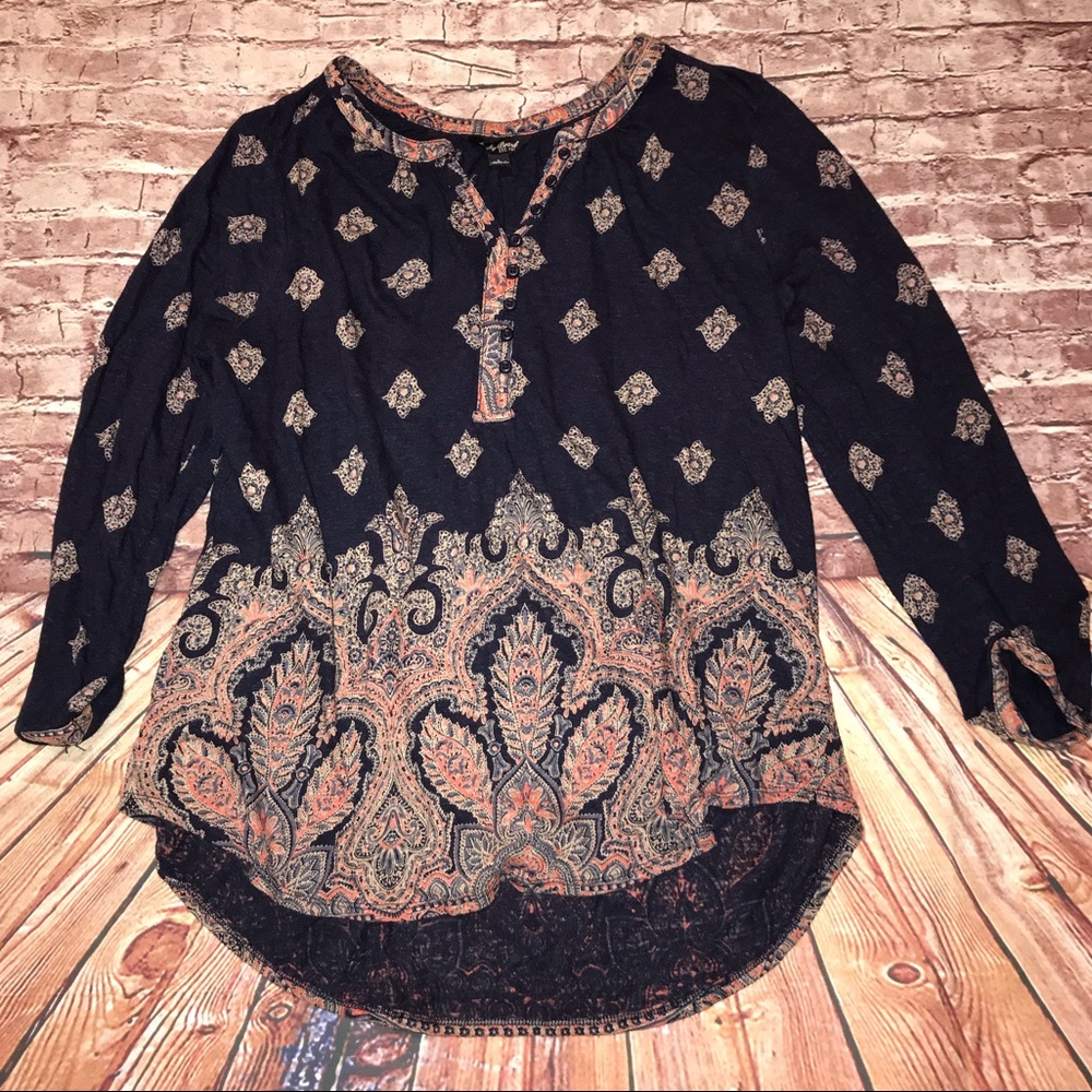 Lucky Brand Boho Paisley Print Long Sleeve Tunic Top - Navy and Coral